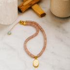 Crux Florata Rose Quartz Necklace – 6mm AAA Rose Quartz • 18K Gold-Plated •