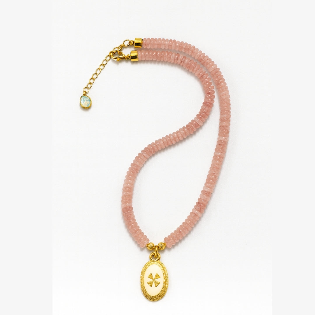 Crux Florata Rose Quartz Necklace – 6mm AAA Rose Quartz • 18K Gold-Plated •