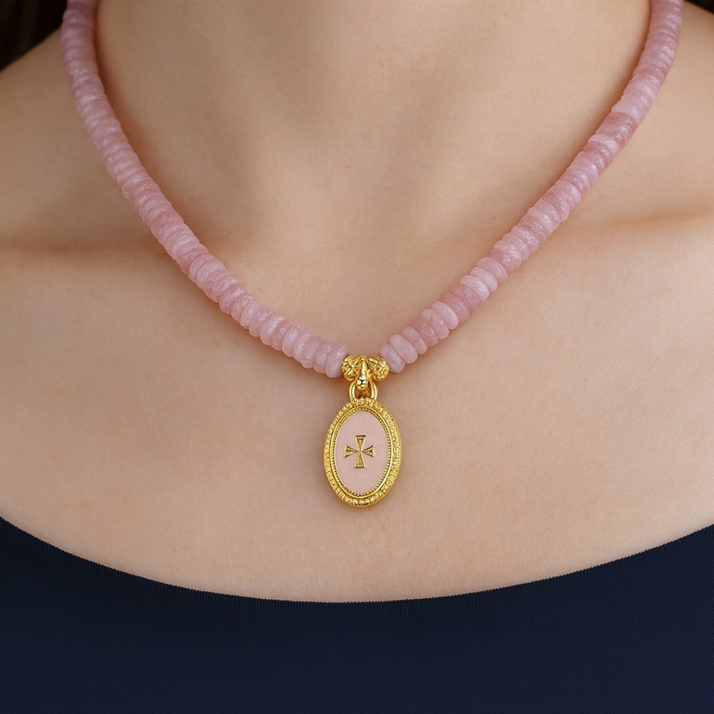 Crux Florata Rose Quartz Necklace – 6mm AAA Rose Quartz • 18K Gold-Plated •