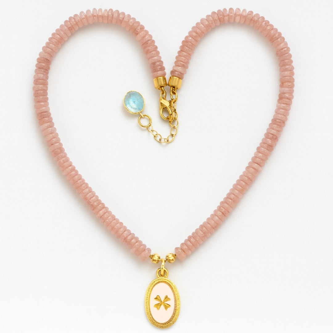Crux Florata Rose Quartz Necklace – 6mm AAA Rose Quartz • 18K Gold-Plated •