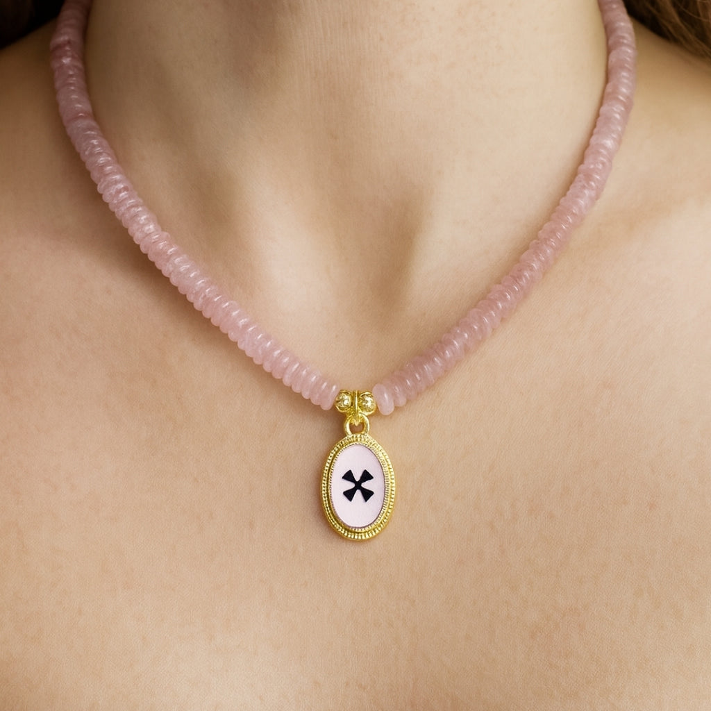Crux Florata Rose Quartz Necklace – 6mm AAA Rose Quartz • 18K Gold-Plated •