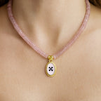 Crux Florata Rose Quartz Necklace – 6mm AAA Rose Quartz • 18K Gold-Plated •