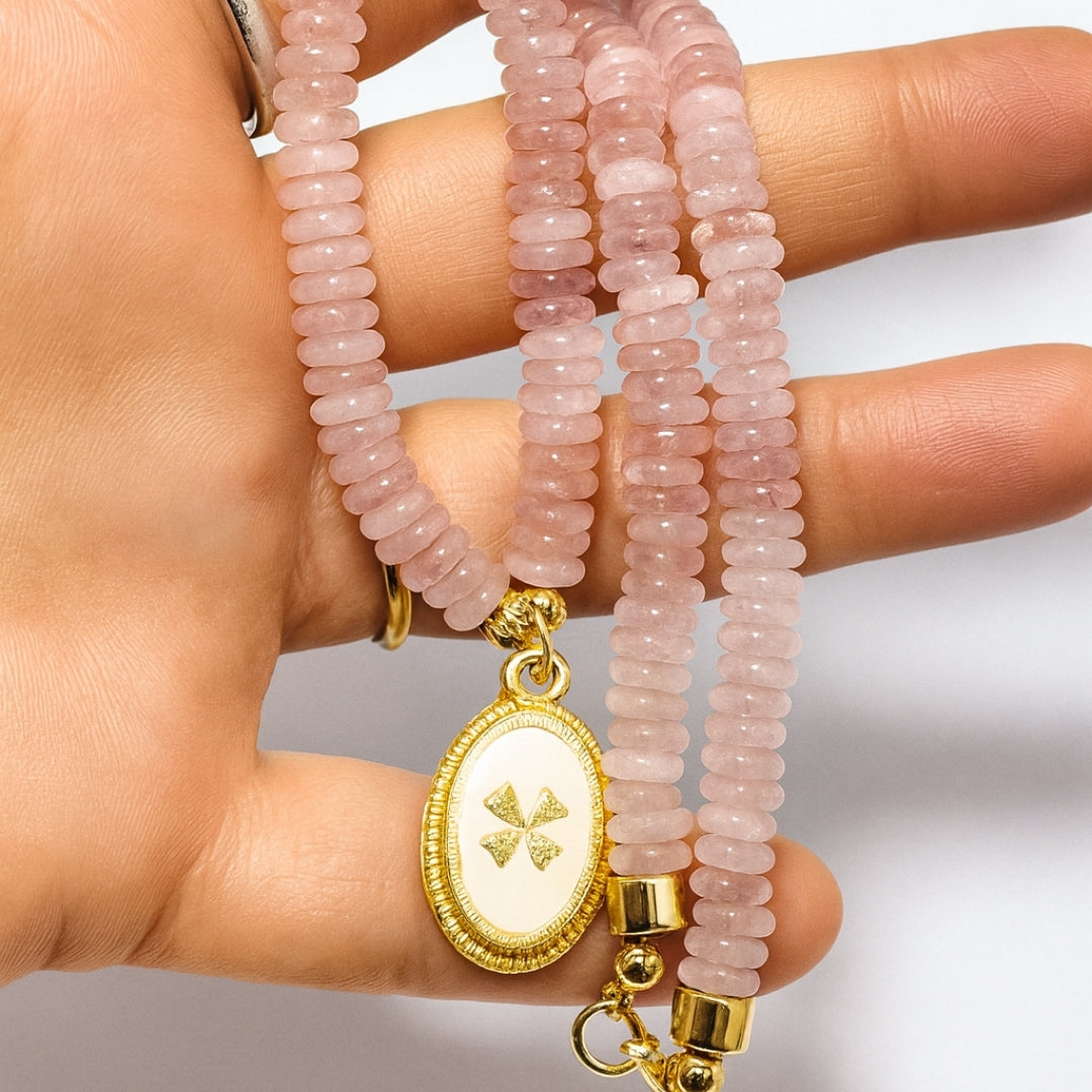 Crux Florata Rose Quartz Necklace – 6mm AAA Rose Quartz • 18K Gold-Plated •