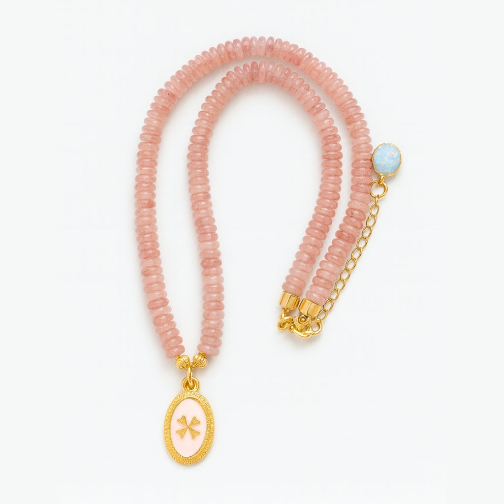 Crux Florata Rose Quartz Necklace – 6mm AAA Rose Quartz • 18K Gold-Plated •