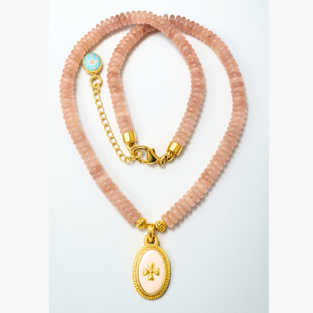 Crux Florata Rose Quartz Necklace – 6mm AAA Rose Quartz • 18K Gold-Plated •