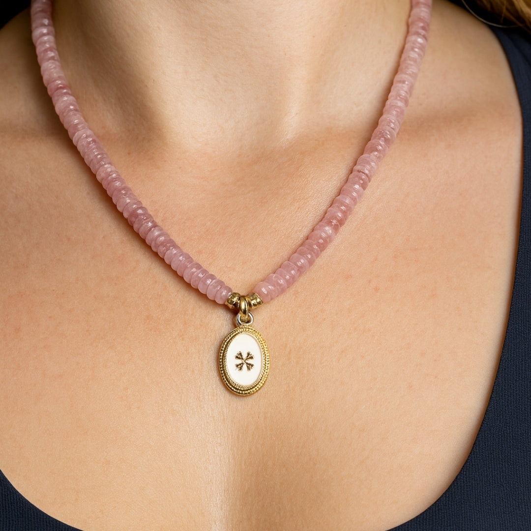 Crux Florata Rose Quartz Necklace – 6mm AAA Rose Quartz • 18K Gold-Plated •