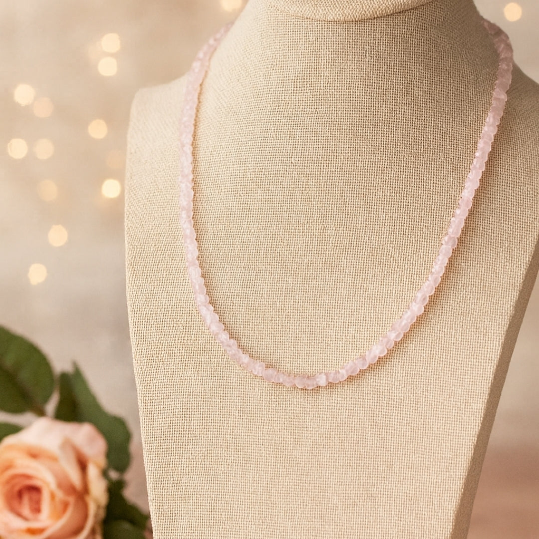 Natural Rose Quartz 3–5 mm Faceted | 925 Silver Clasp | 44 cm + 6 cm Extension