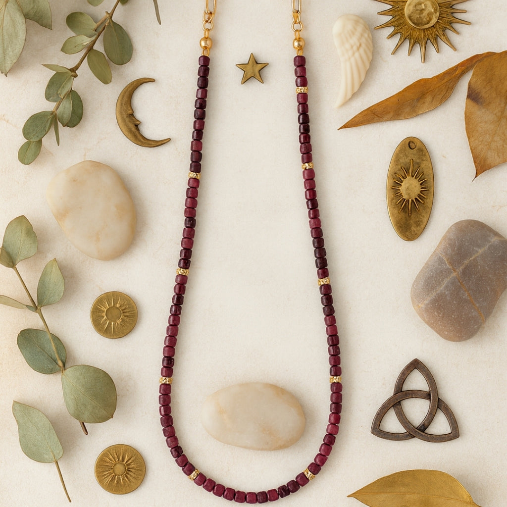 Ruby Cube Necklace | 4mm Natural Ruby Beads Necklace | Gold Plated Accents | Handmade Gemstone Jewelry Gift for Her