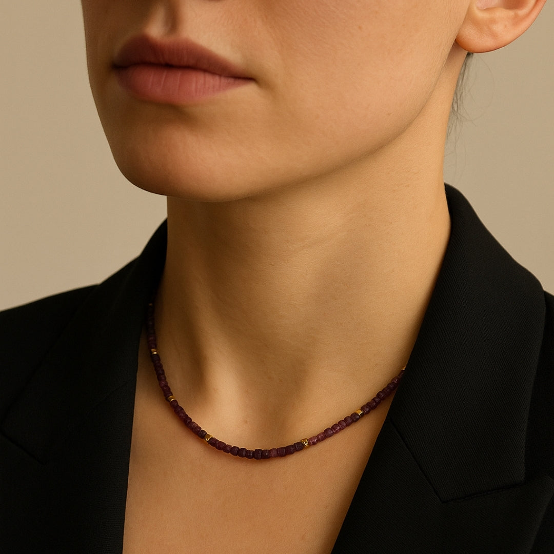Ruby Cube Necklace | 4mm Natural Ruby Beads Necklace | Gold Plated Accents | Handmade Gemstone Jewelry Gift for Her