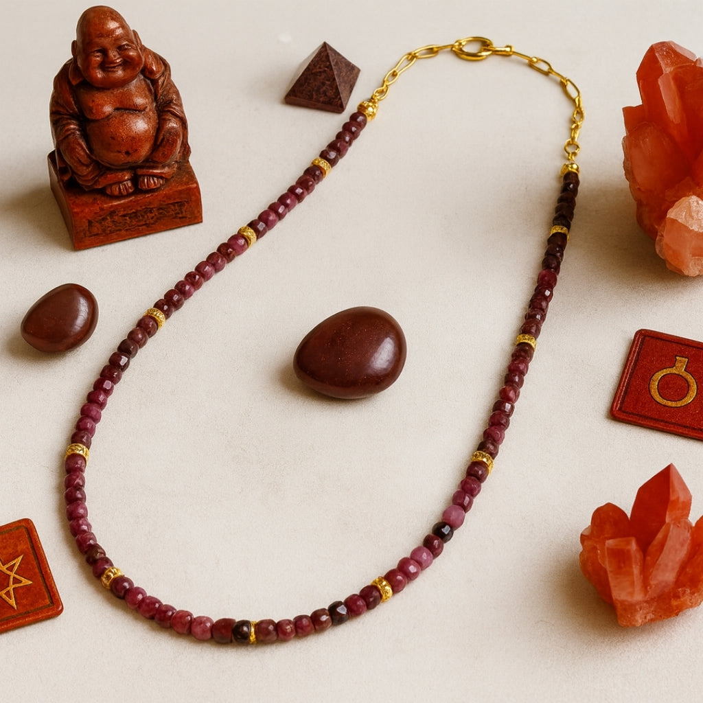 Ruby Cube Necklace | 4mm Natural Ruby Beads Necklace | Gold Plated Accents | Handmade Gemstone Jewelry Gift for Her