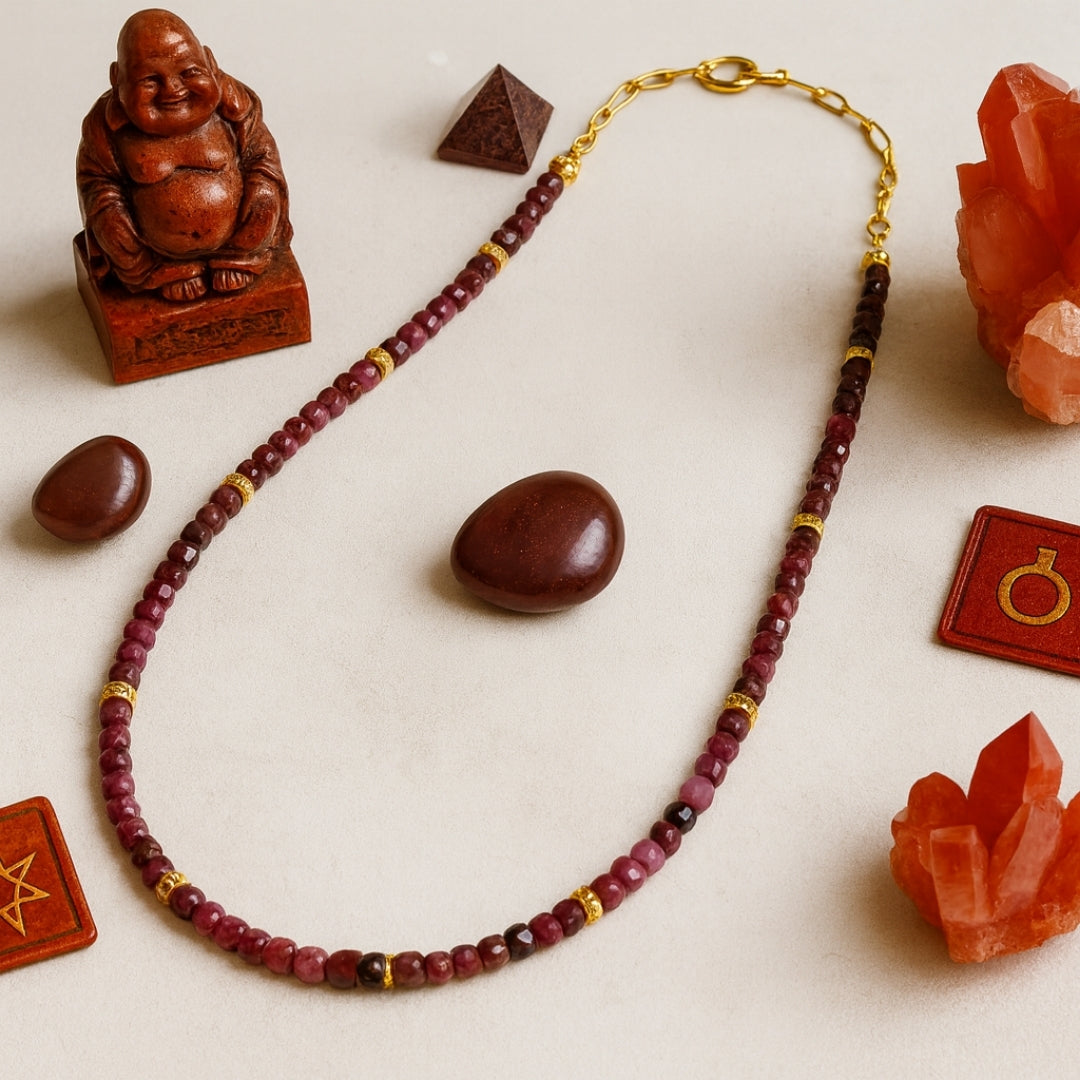 Ruby Cube Necklace | 4mm Natural Ruby Beads Necklace | Gold Plated Accents | Handmade Gemstone Jewelry Gift for Her