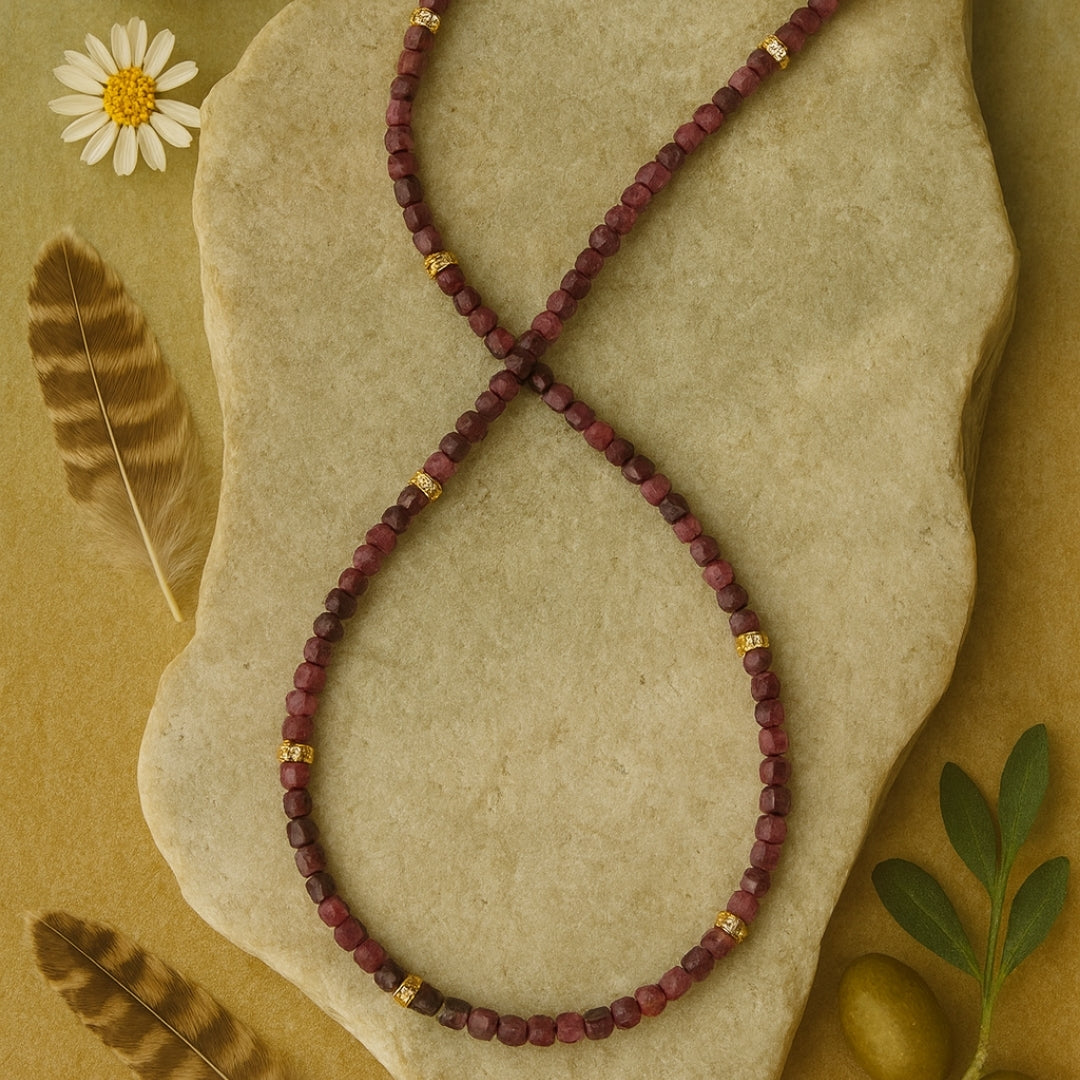 Ruby Cube Necklace | 4mm Natural Ruby Beads Necklace | Gold Plated Accents | Handmade Gemstone Jewelry Gift for Her