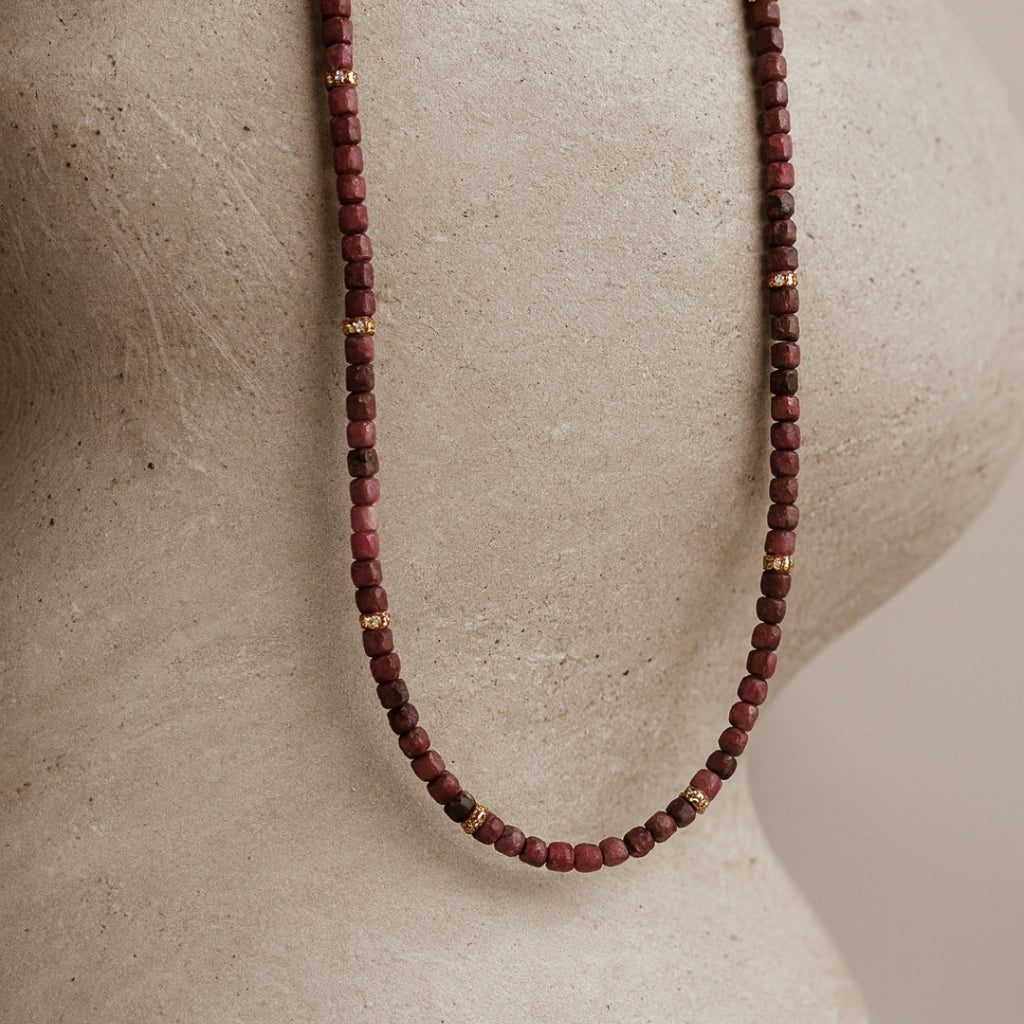 Ruby Cube Necklace | 4mm Natural Ruby Beads Necklace | Gold Plated Accents | Handmade Gemstone Jewelry Gift for Her