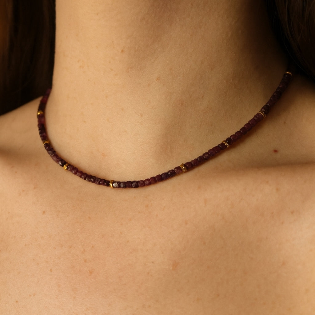 Ruby Cube Necklace | 4mm Natural Ruby Beads Necklace | Gold Plated Accents | Handmade Gemstone Jewelry Gift for Her