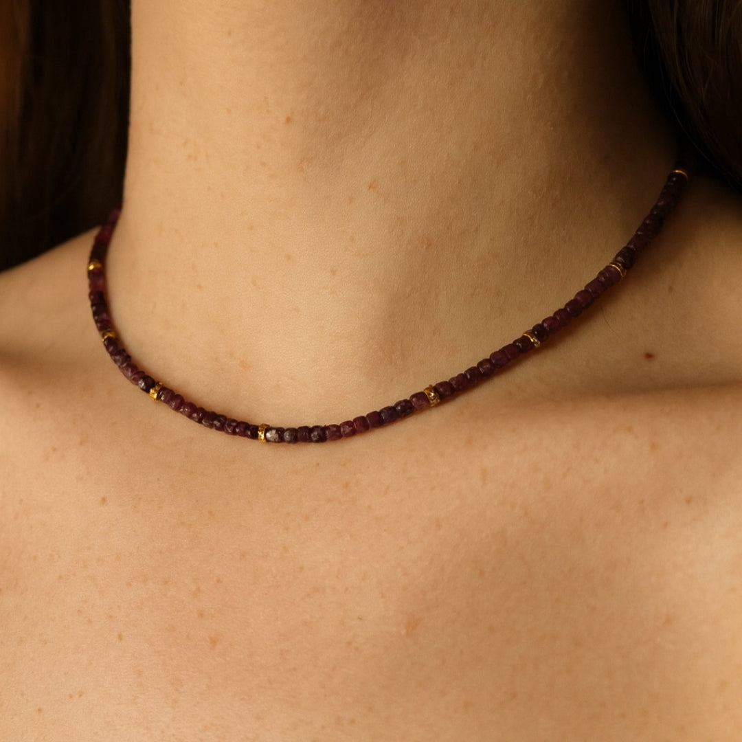 Ruby Cube Necklace | 4mm Natural Ruby Beads Necklace | Gold Plated Accents | Handmade Gemstone Jewelry Gift for Her