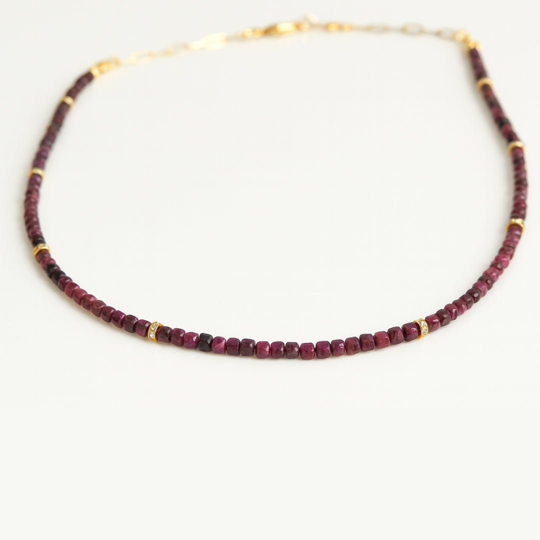 Ruby Cube Necklace | 4mm Natural Ruby Beads Necklace | Gold Plated Accents | Handmade Gemstone Jewelry Gift for Her