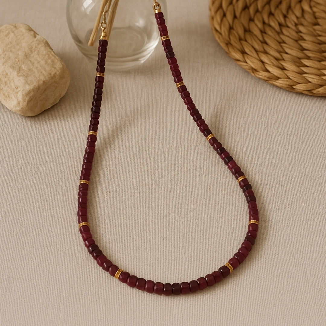 Ruby Cube Necklace | 4mm Natural Ruby Beads Necklace | Gold Plated Accents | Handmade Gemstone Jewelry Gift for Her