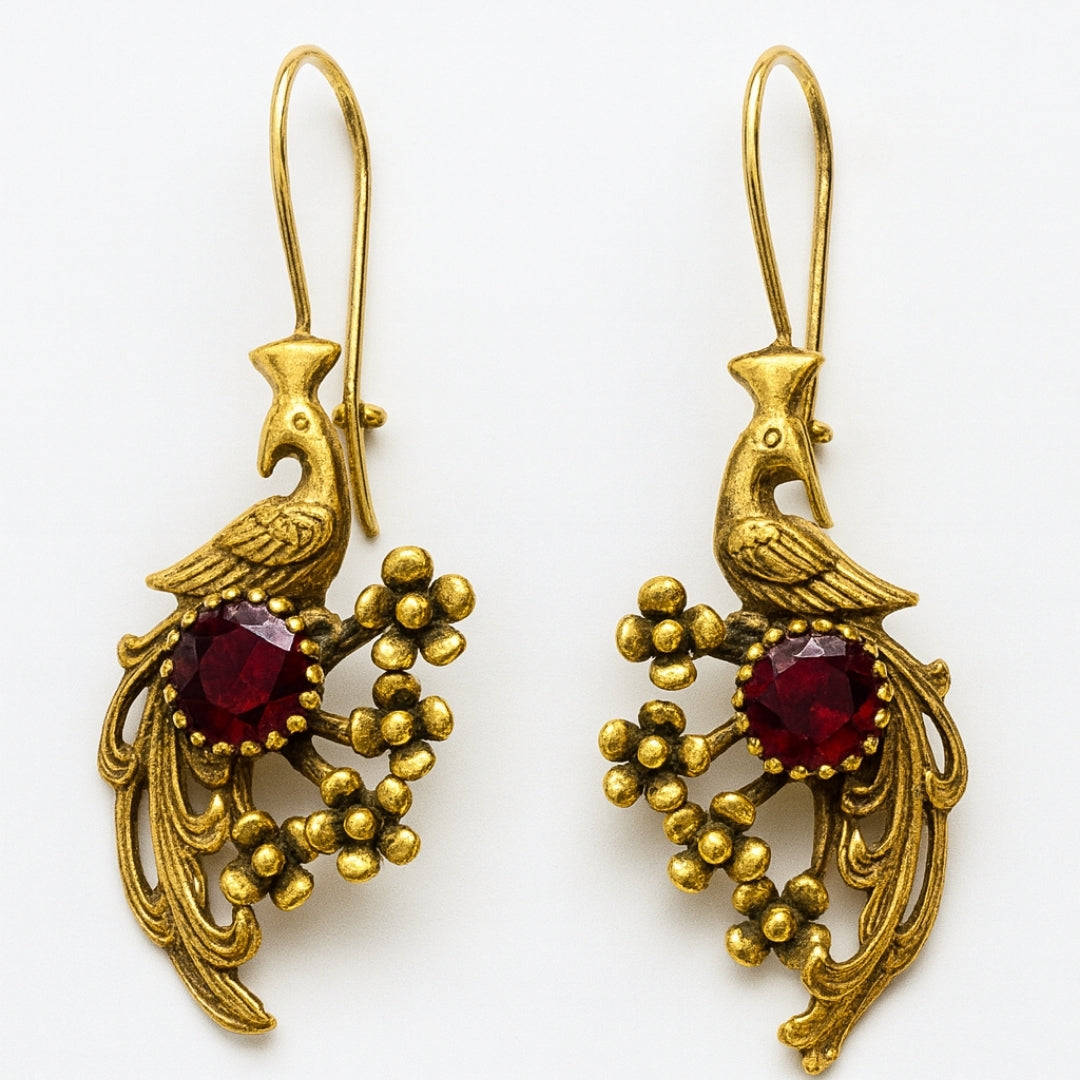 Ruby Peacock Earrings | Solid Sterling Silver Mystic Jewelry | Juno’s Phoenix Ruby | Legend of the Phoenix Rebirth | Spiritual Gift for Her