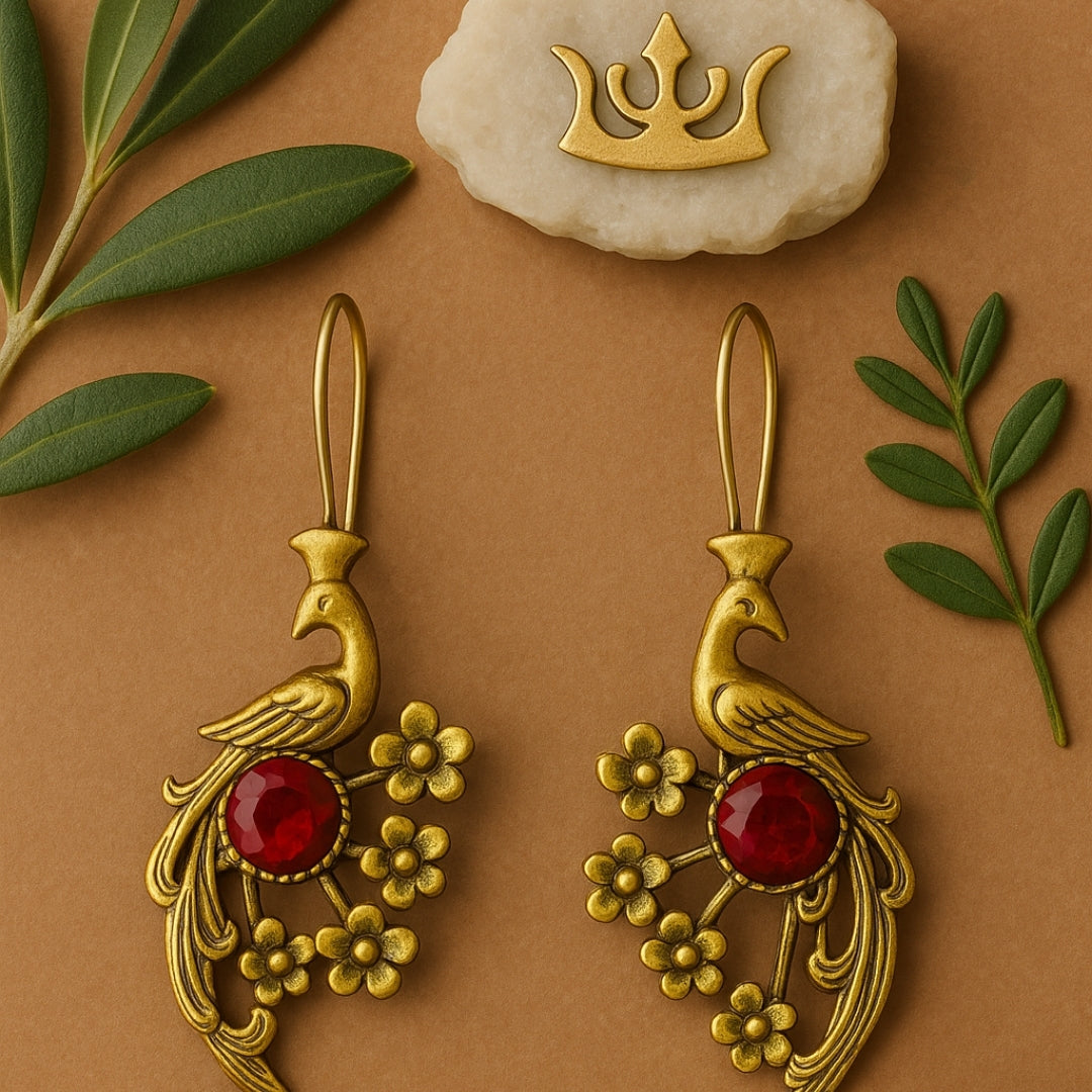 Ruby Peacock Earrings | Solid Sterling Silver Mystic Jewelry | Juno’s Phoenix Ruby | Legend of the Phoenix Rebirth | Spiritual Gift for Her