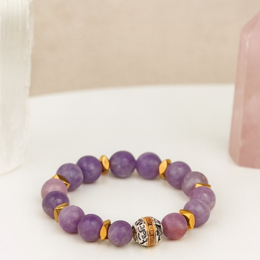 Lepidolite Bracelet 10 mm | Healing Crystal Jewelry for Serenity, Balance, Wrinkle Healing & Youth | Aurum Lyris Collection|Nivalis Talisman